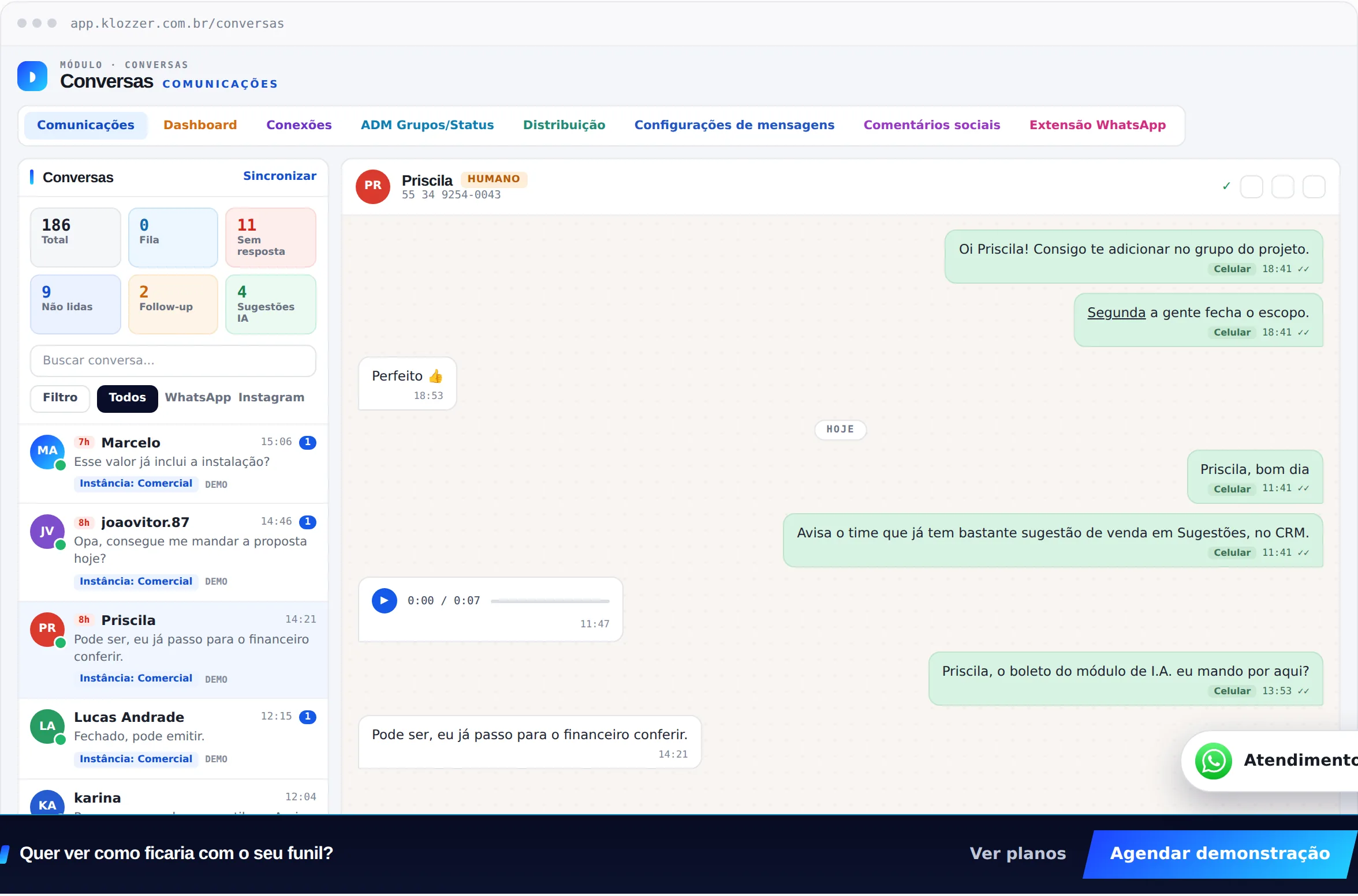 Tela de atendimento: caixa única de conversas com filas