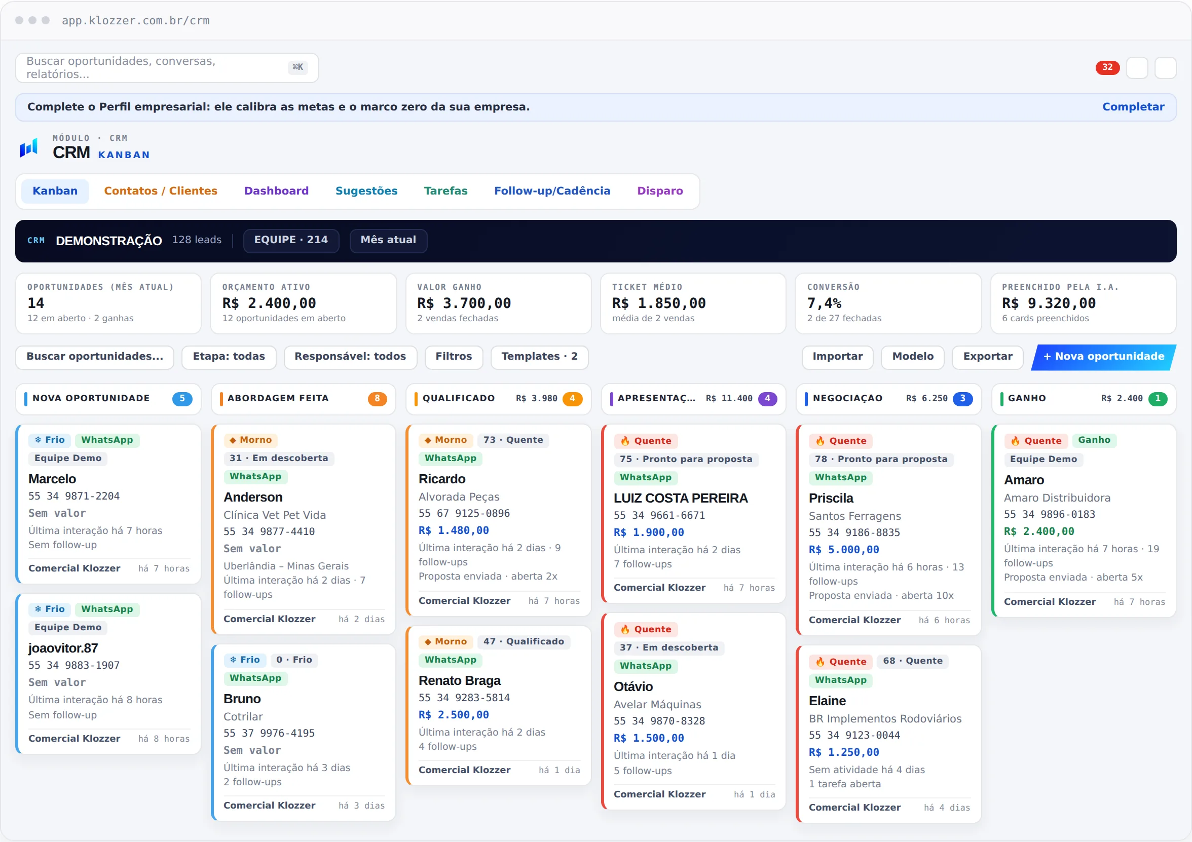 Tela do CRM: Kanban de oportunidades com indicadores do mês